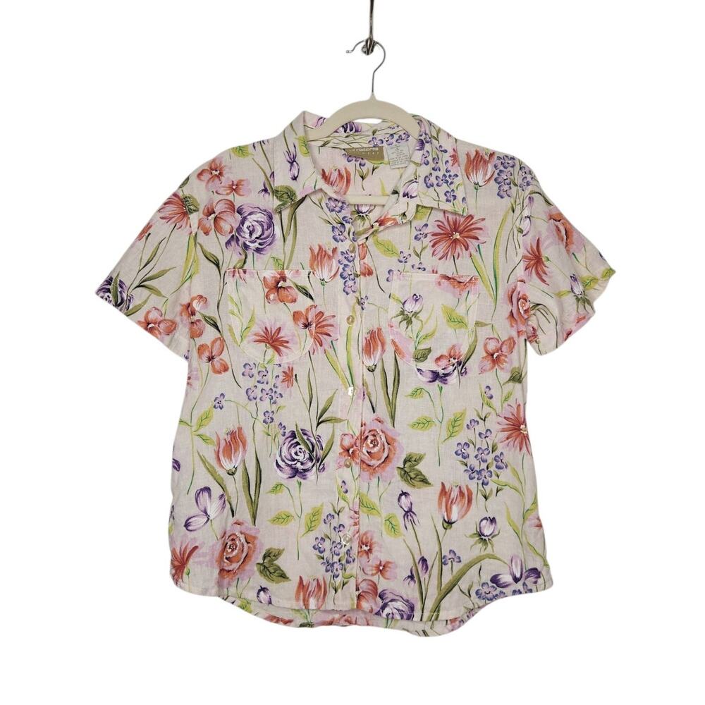 Vintage Liz Claiborne Linen Cotton Flowers Button Shirt Coastal Fairy Cottage